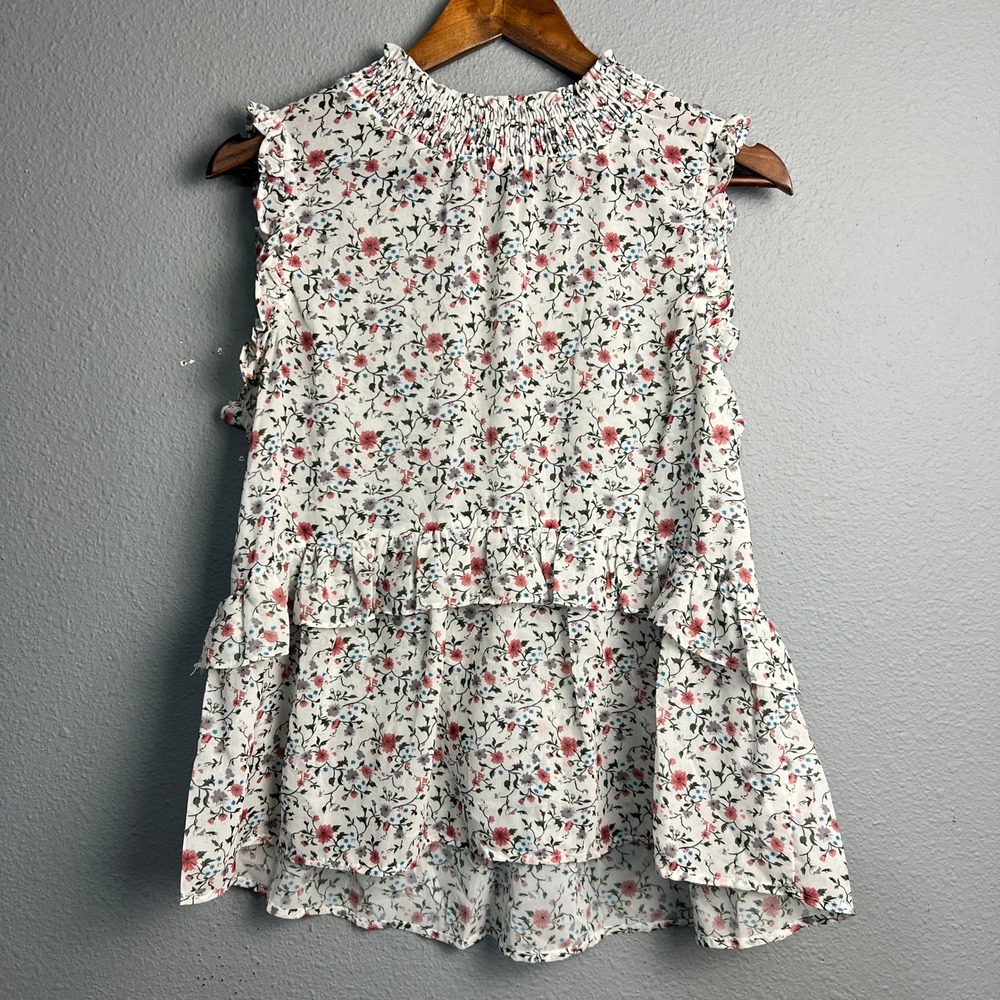 Hayden Los Angeles Floral Boho Ruffle Sleeveless Top Smocked Mock Neck White M